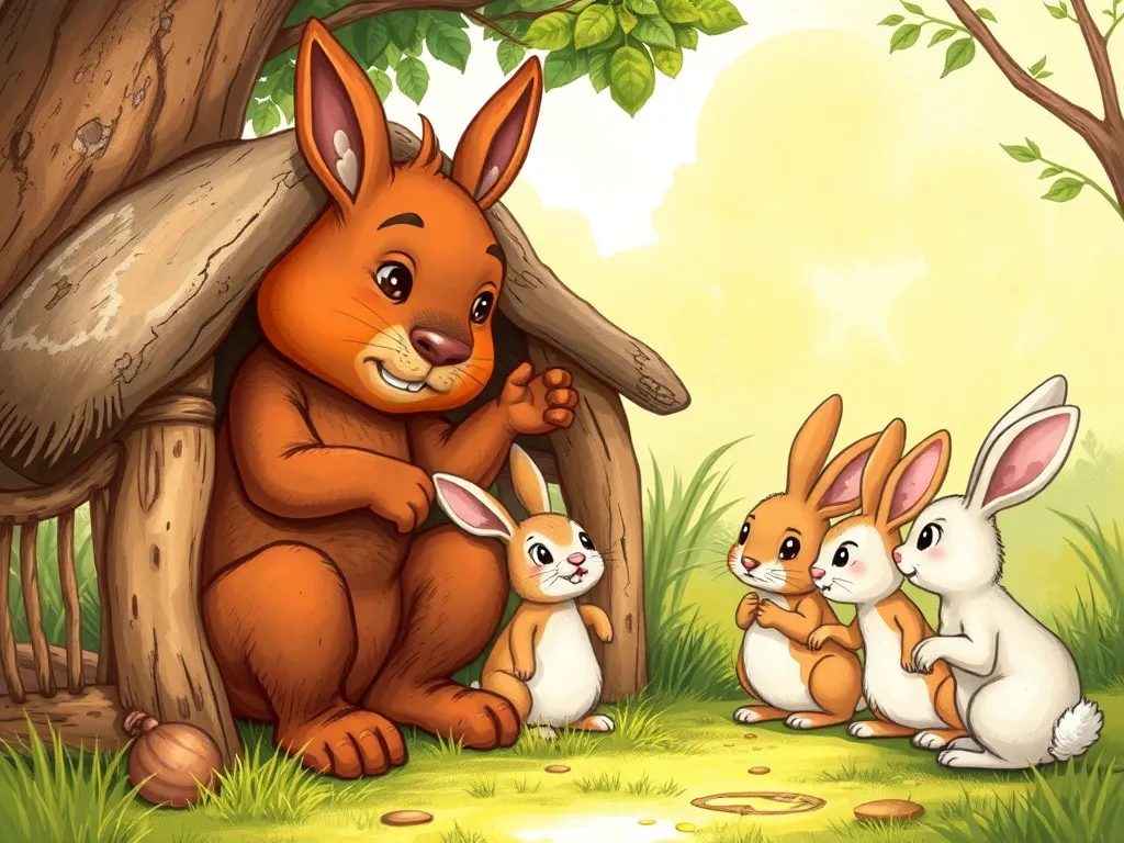 The Curious Fox's Three Questions - Rusty demonstrating shelter-building to young rabbits