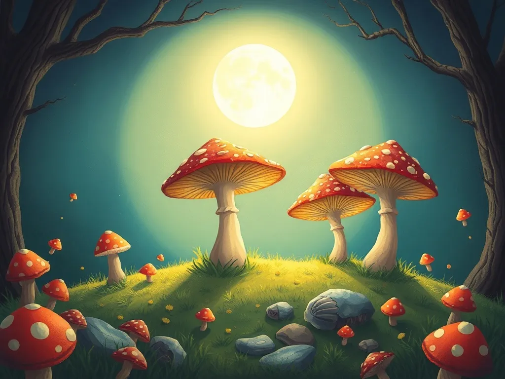 The Dancing Fairy Circle - Moonlit mushroom circle glowing mysteriously