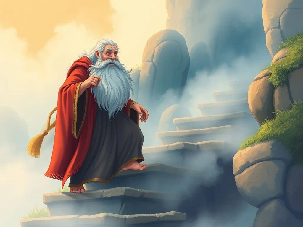 The Dancing Giant's Tiny Friend - Elder Giant Sage descending on misty stairs