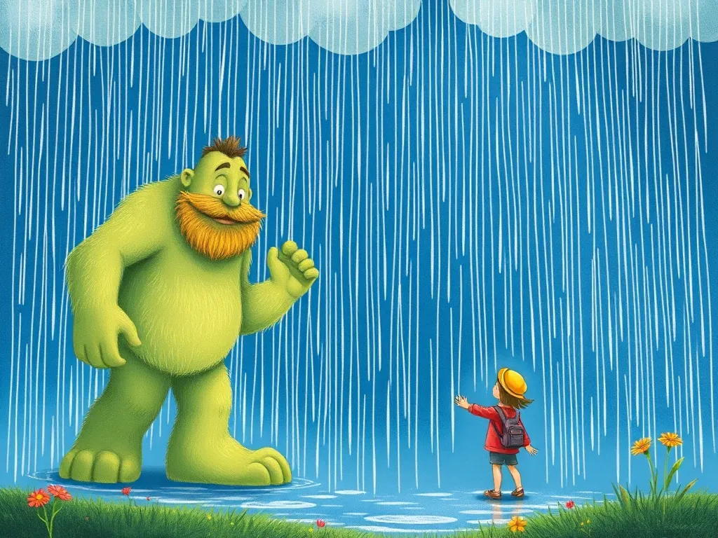 The Dancing Giant's Tiny Friend - Giant and girl creating gentle rain patterns