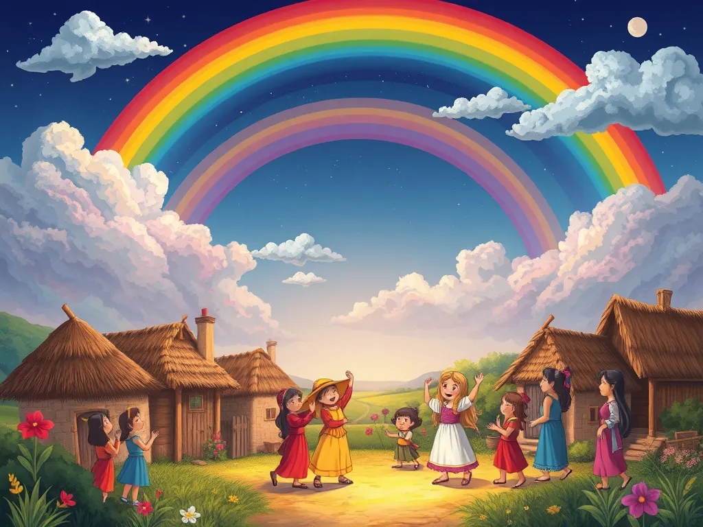 The Dancing Giant's Tiny Friend - Villagers celebrating under rainbow clouds
