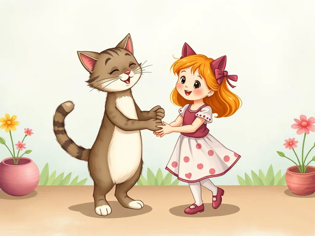 The Dancing Library Cat's Twilight Tale - Cat and girl practicing dance steps together