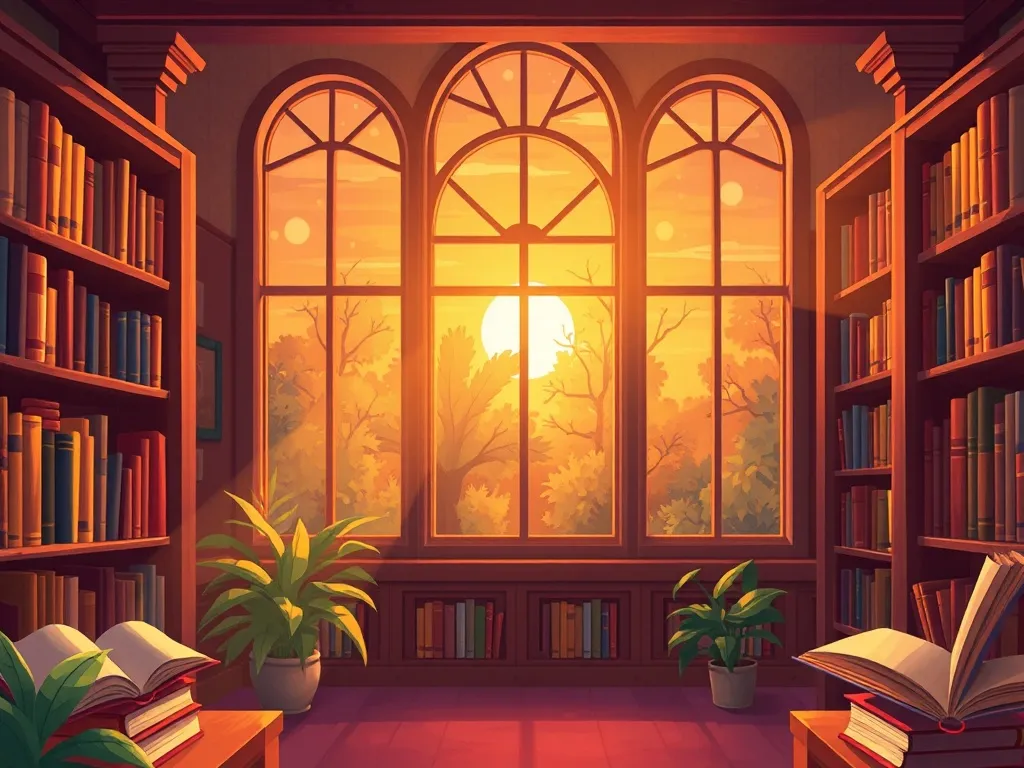 The Dancing Library Cat's Twilight Tale - Sunset light streaming through library windows