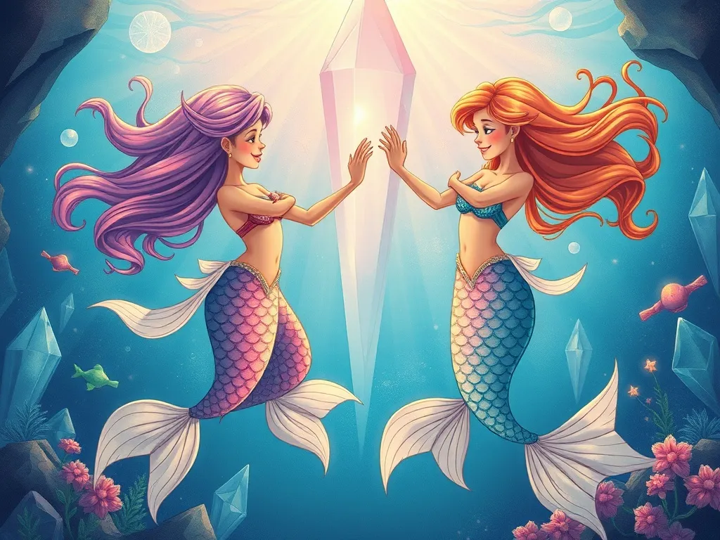 The Dancing Mermaid's Sky-High Adventure - Mermaids dancing while crystal dims behind them