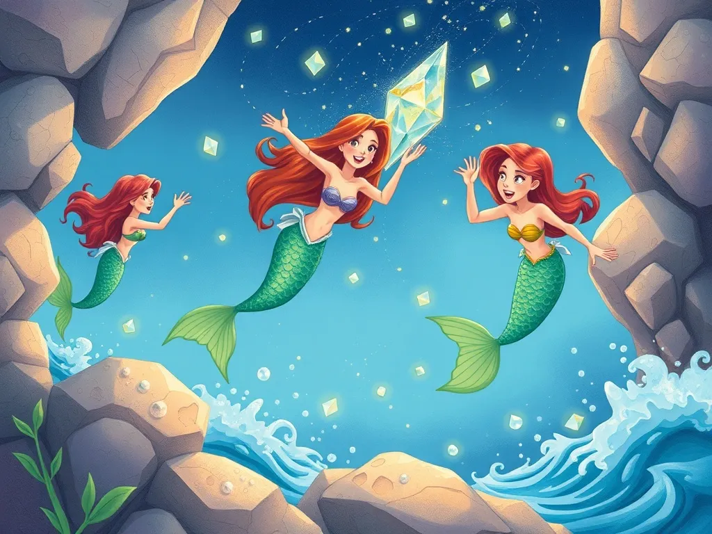 The Dancing Mermaid's Sky-High Adventure - Mermaids rushing to catch falling crystal