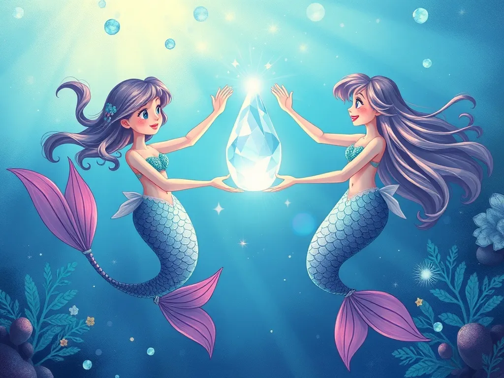The Dancing Mermaid's Sky-High Adventure - Mermaids dancing with glowing crystal