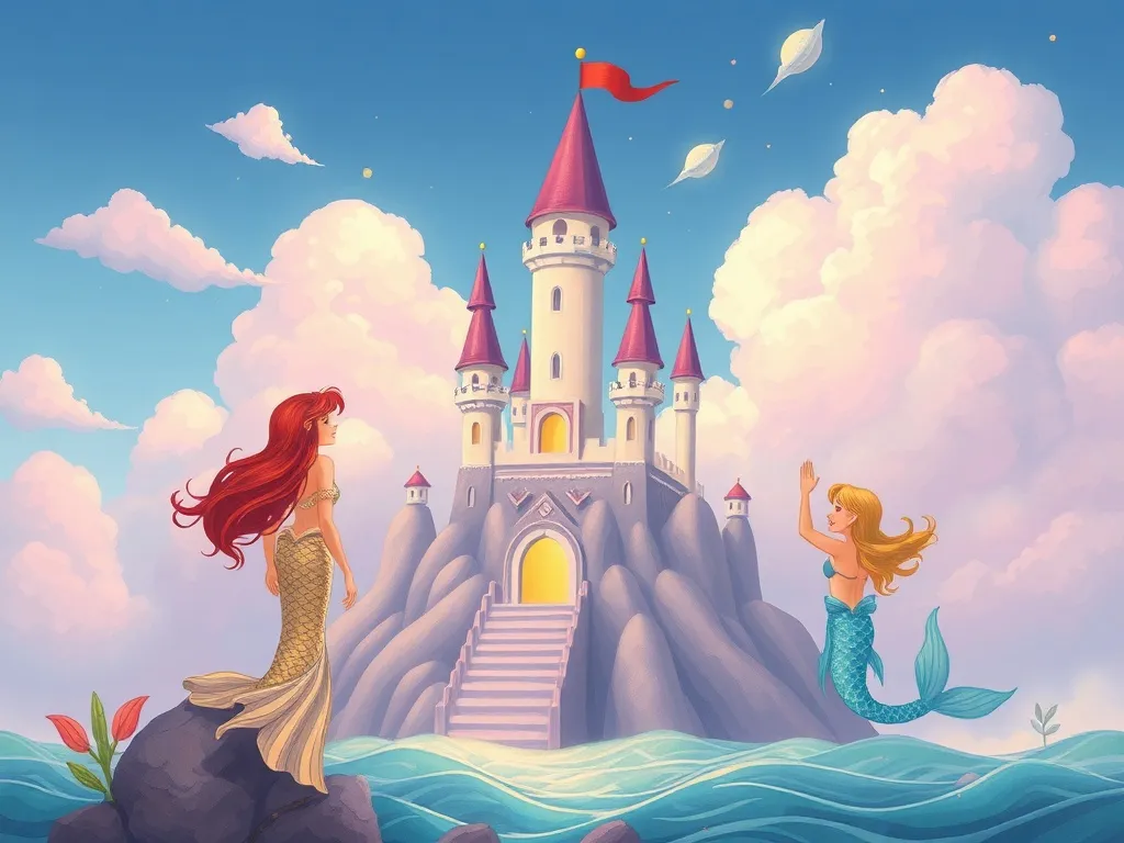 The Dancing Mermaid's Sky-High Adventure - Cloud castle rising as mermaids celebrate