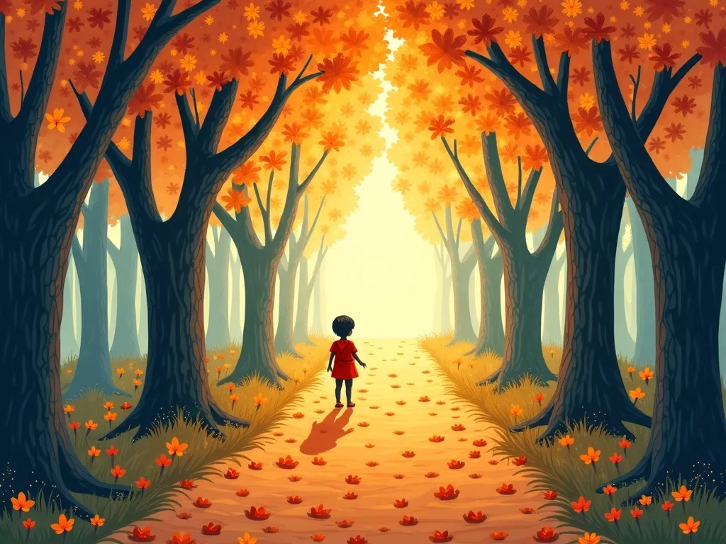 The Dancing Path Through the Whispering Woods - Shimmering leaves forming mysterious trail