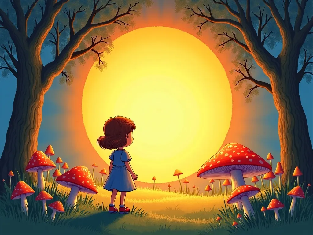 The Dancing Path Through the Whispering Woods - Lucy approaching glowing mushroom circle