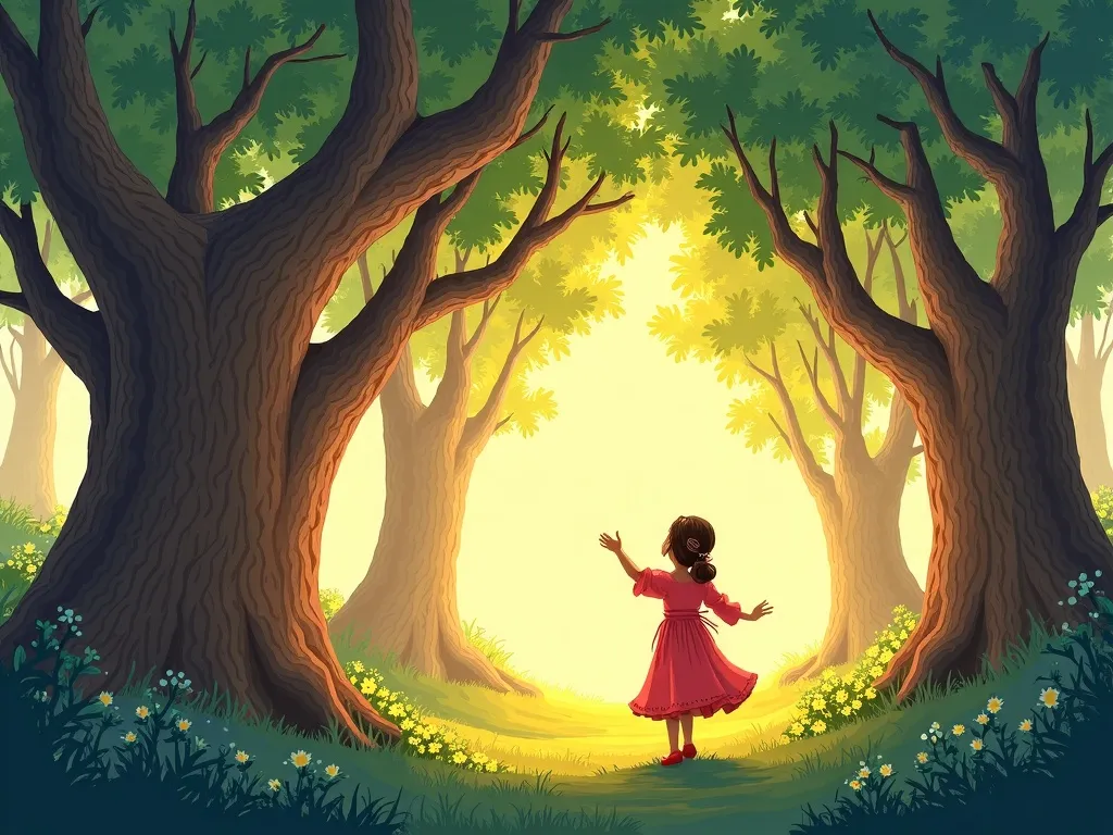 The Dancing Path Through the Whispering Woods - Ancient trees swaying in magical dance