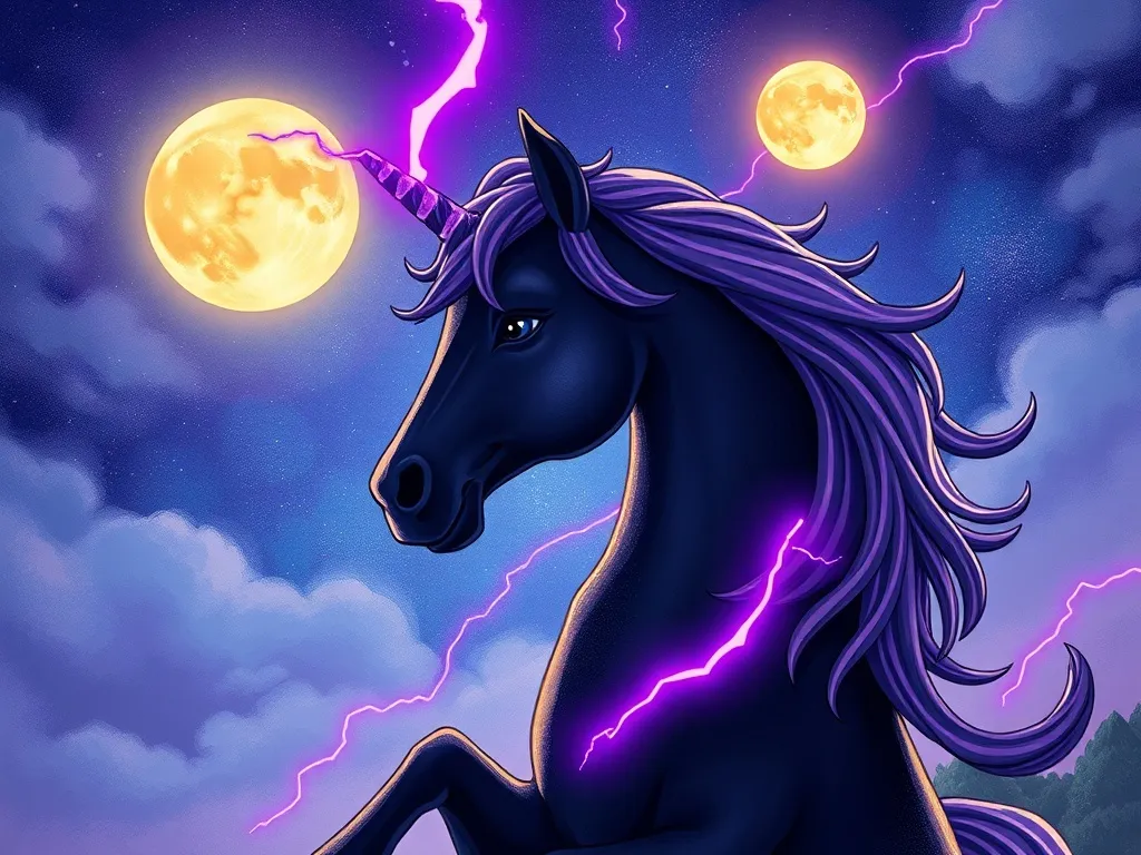 The Different Light - Black unicorn with purple lightning facing Luna