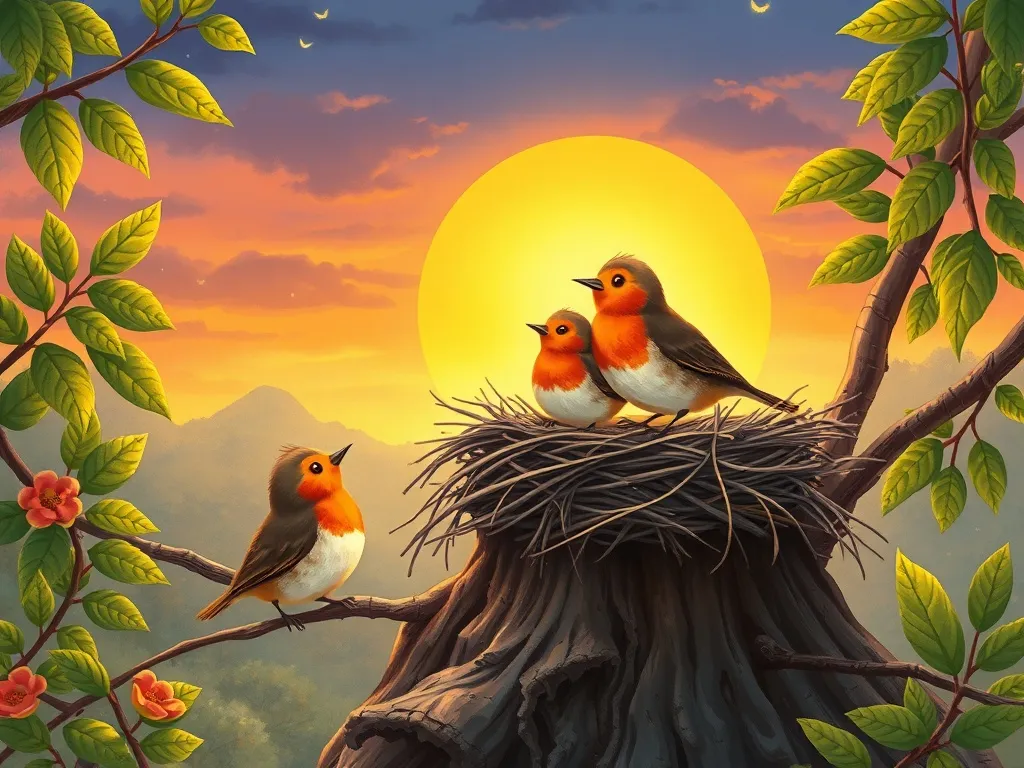 The Different Light - Robin family leaving their nest at sunset