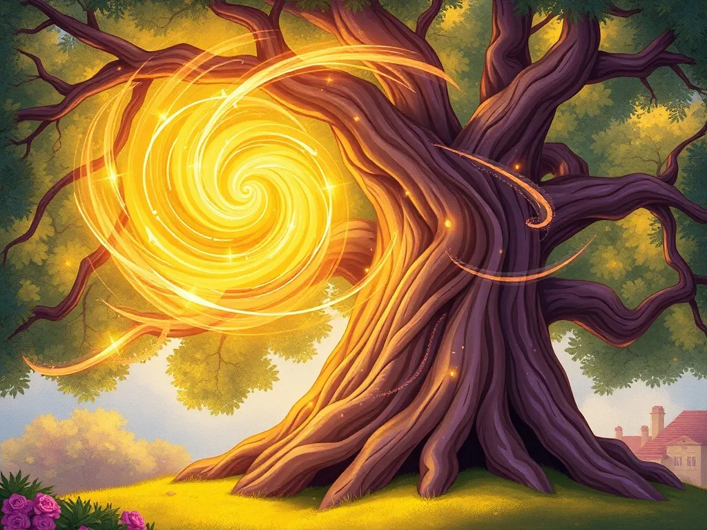The Different Light - Gold and purple magic swirling through oak tree