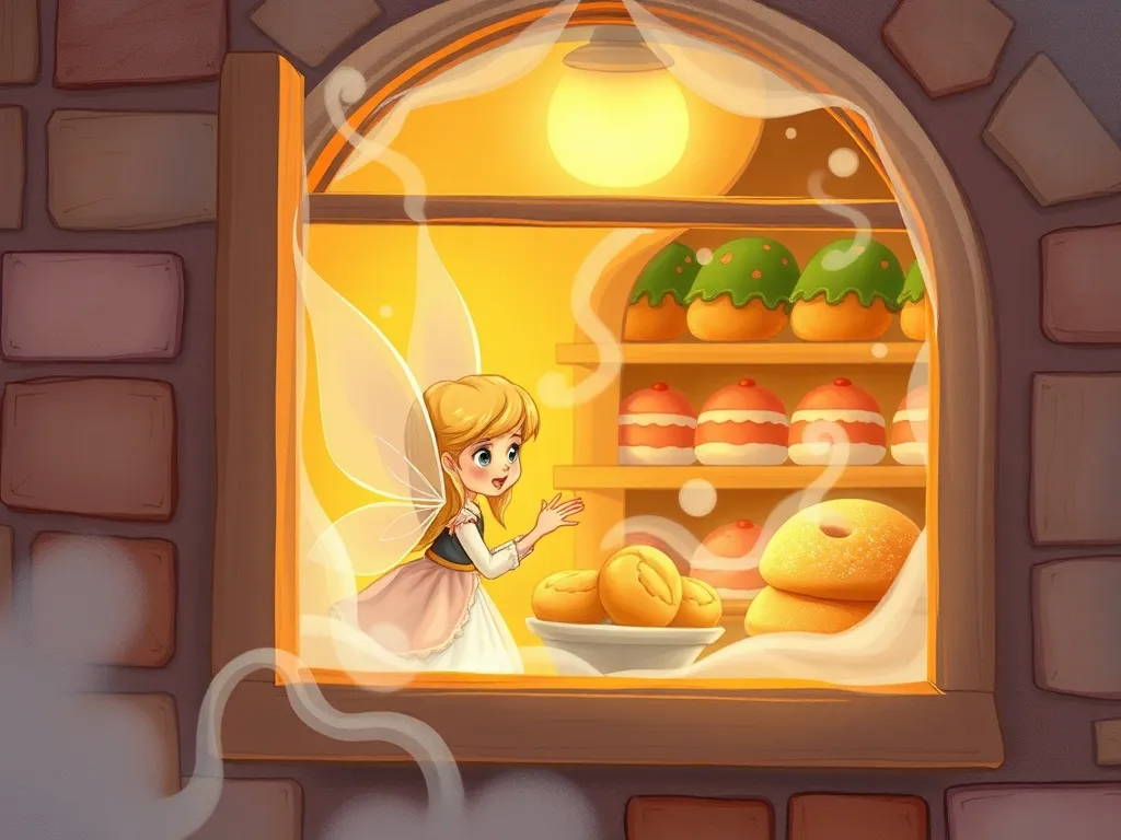 The Flour Fairy's Sweet Adventure - Fairy peering through steamy bakery window
