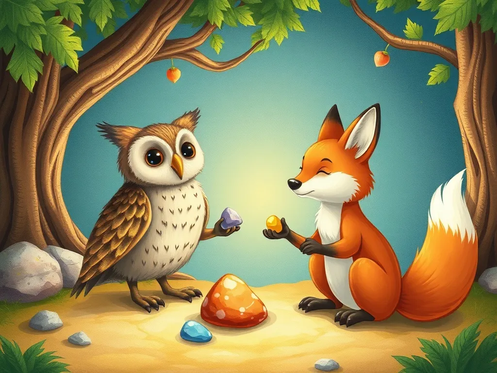 The Fox Who Found Magic in Friendship - Owl teaching fox about magical stones