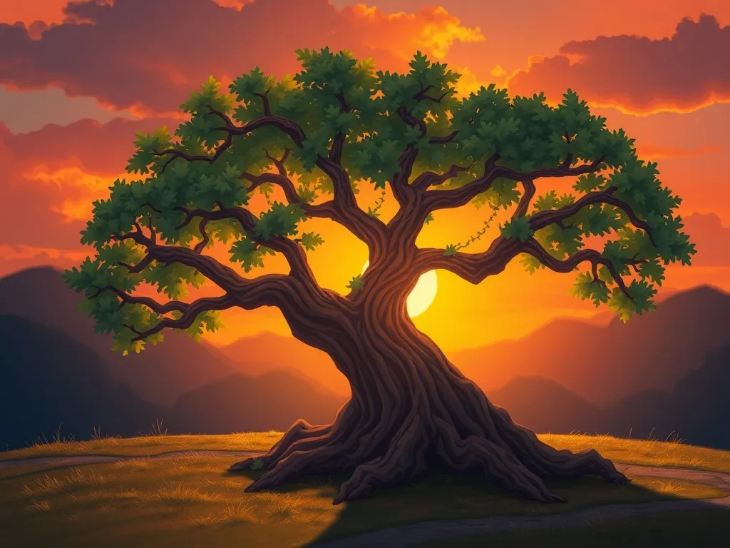 The Gift Beneath the Roots - Tired oak at sunset casting long shade