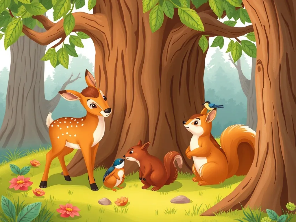 The Gift Beneath the Roots - Deer squirrel and chickadee gathered around oak