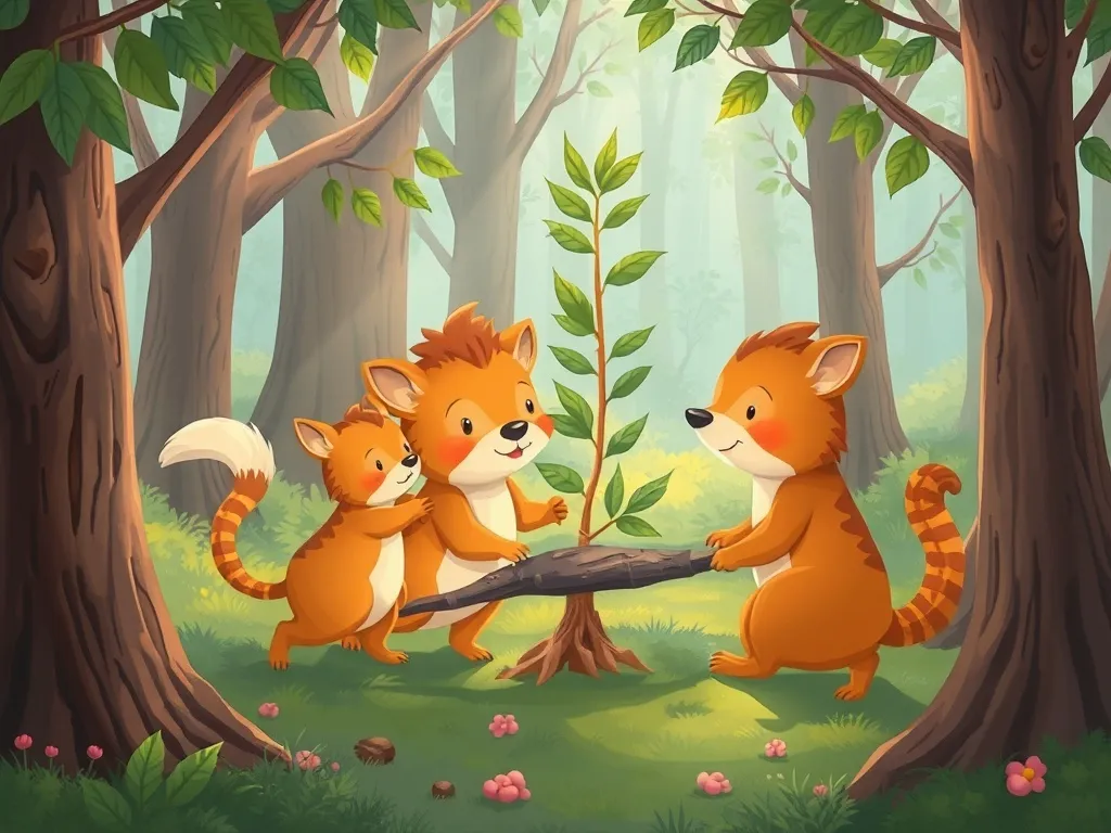 The Gift Beneath the Roots - Animals carefully carrying sapling through dappled forest