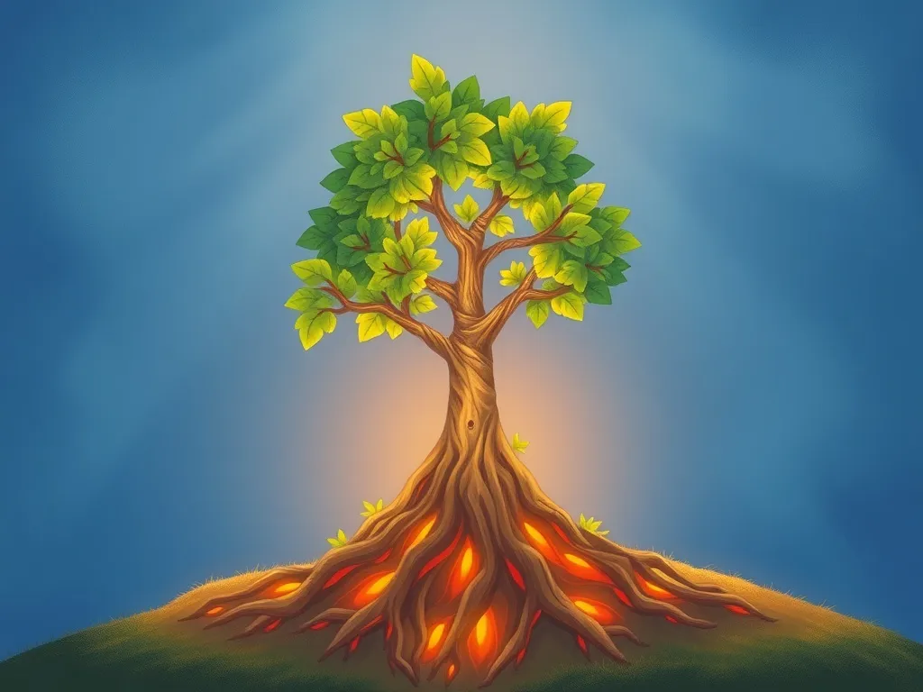 The Gift Beneath the Roots - Thriving young tree in sunlight with glowing roots