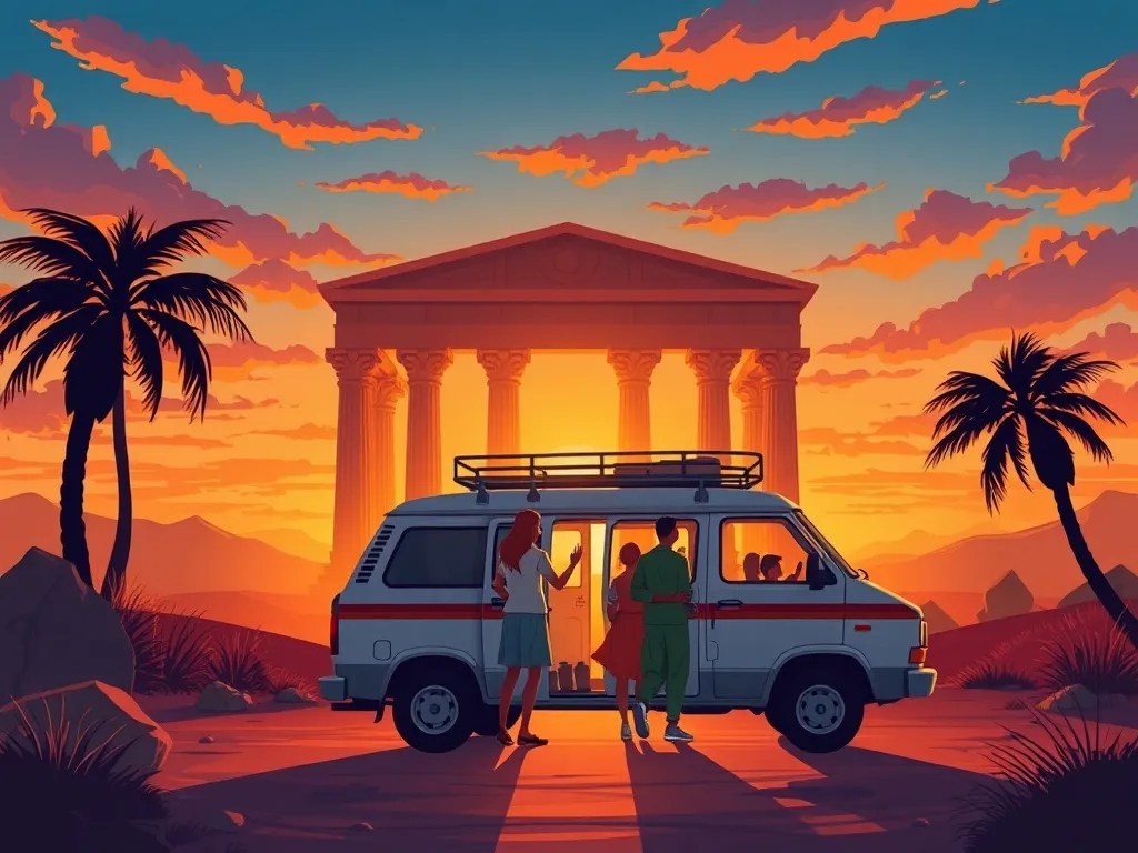 The Guardians of Echo Temple - Expedition van leaving temple at sunset with friends silhouetted