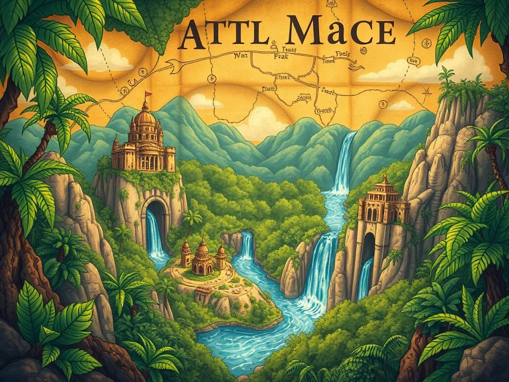The Guide Who Learned to Climb - Ancient map showing mysterious jungle landmarks and waterfall
