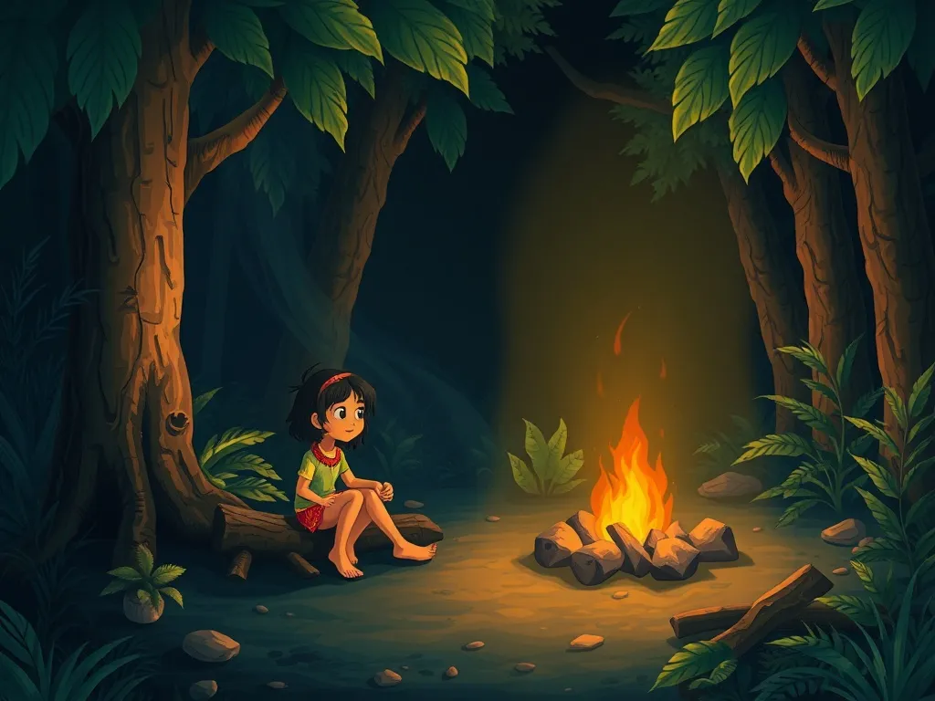 The Guide Who Learned to Climb - Maya sitting by a campfire in the evening jungle