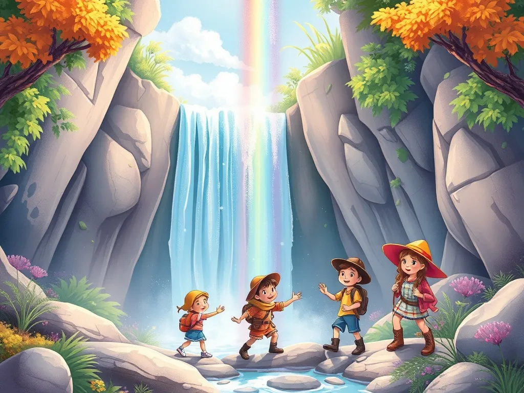 The Guide Who Learned to Climb - Rainbow mist from Crystal Falls surrounding happy explorers