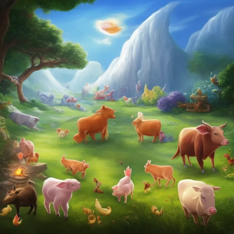 Illustration: Cows and Chickens Gather Seeds and Potatoes