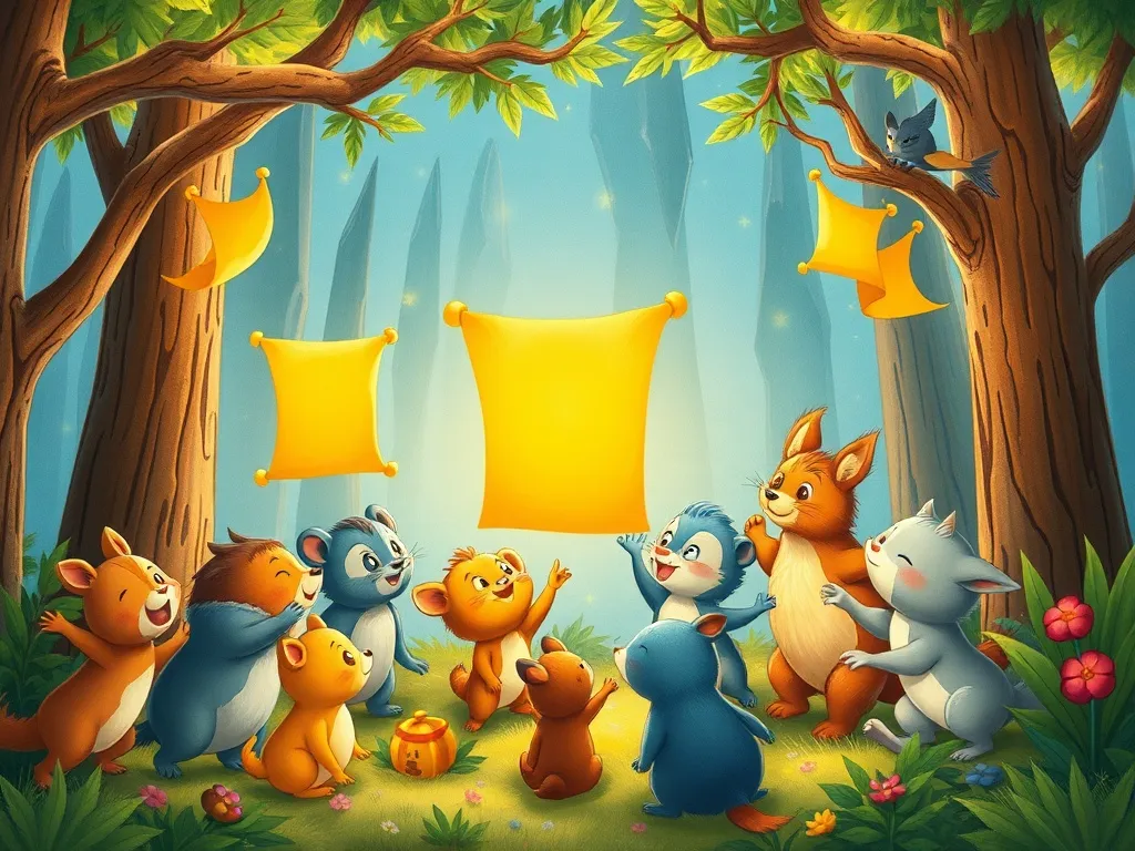 The Hedgehog's Glowing Garden: A Tale of Friendship and Courage - Forest creatures gathering excitedly as golden announcement scrolls float through crystal-like trees