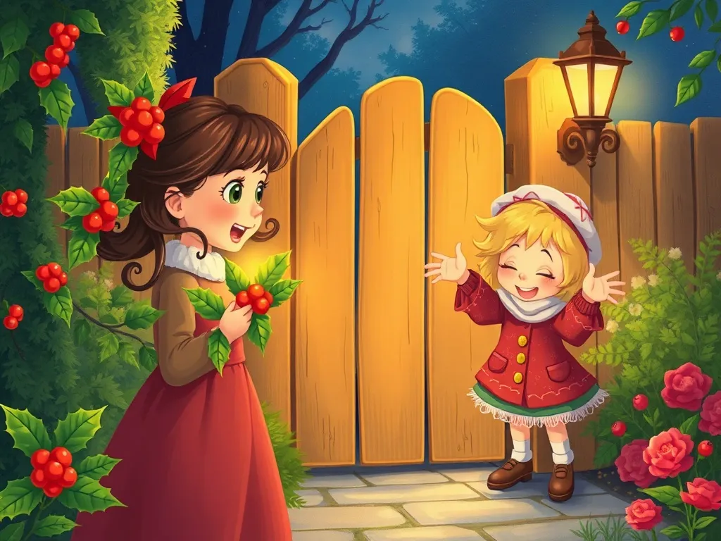 The Hedgehog's Glowing Garden: A Tale of Friendship and Courage - Holly clutching a glowing berry while Rosie gestures enthusiastically at garden gate