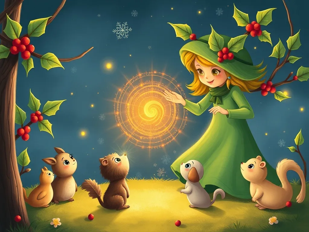 The Hedgehog's Glowing Garden: A Tale of Friendship and Courage - Holly demonstrating a swirling glowberry arrangement to amazed small creatures