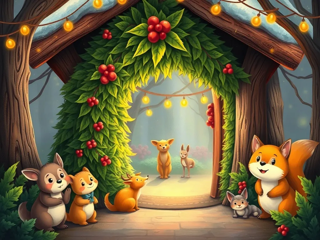 The Hedgehog's Glowing Garden: A Tale of Friendship and Courage - Holly at festival entrance, surrounded by supportive woodland creatures