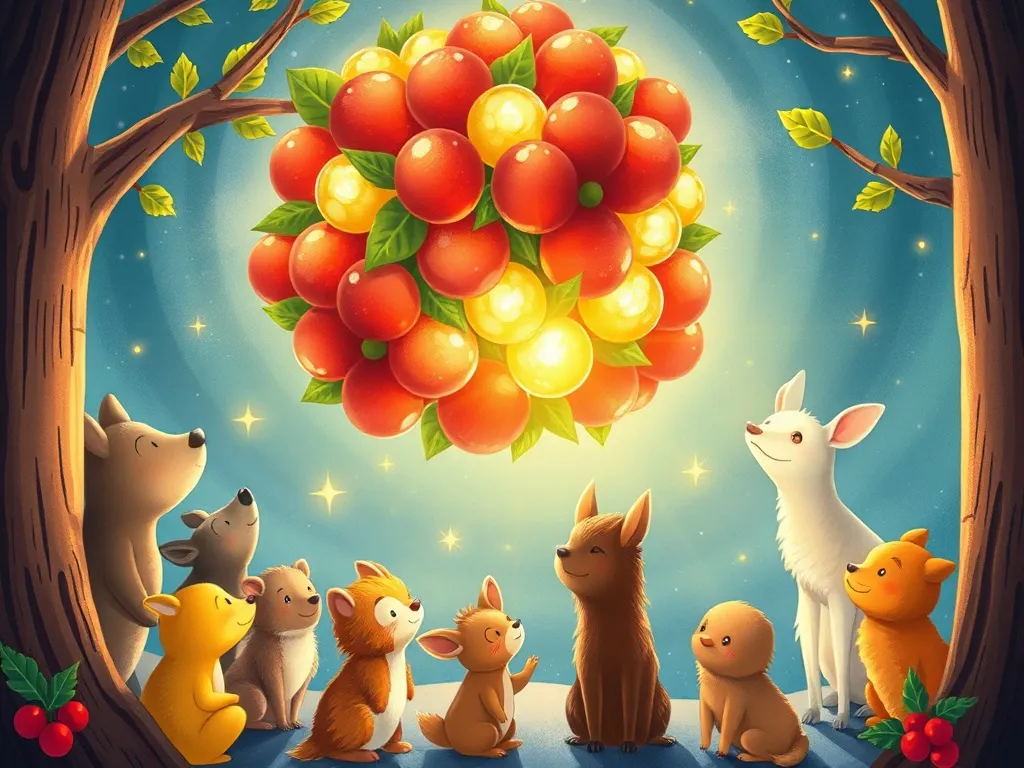 The Hedgehog's Glowing Garden: A Tale of Friendship and Courage - Animals gathered in awe around Holly's floating glowberry display