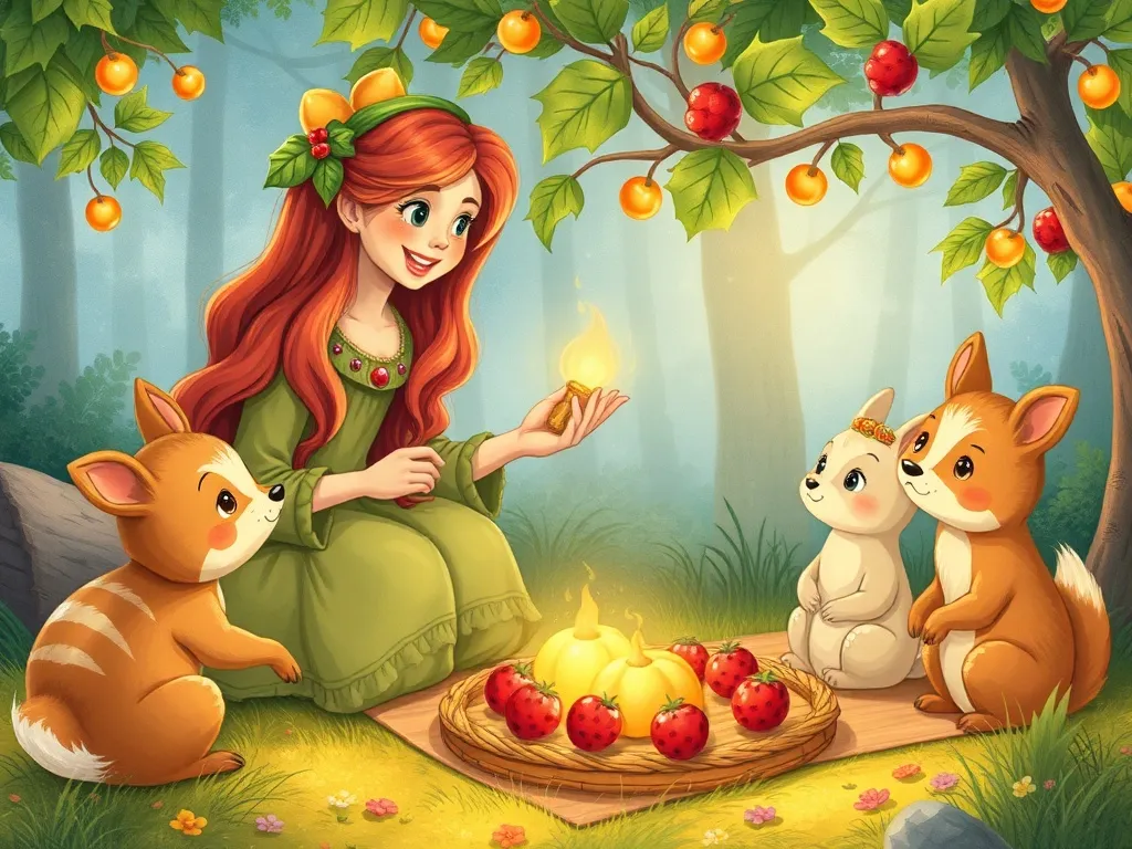 The Hedgehog's Glowing Garden: A Tale of Friendship and Courage - Holly teaching young animals about glowberries while friends picnic nearby