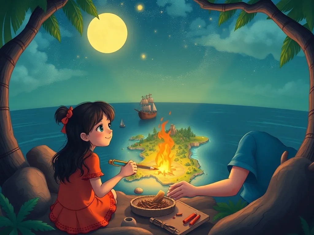 The Island Code - Maya and Kai creating a detailed island map by firelight