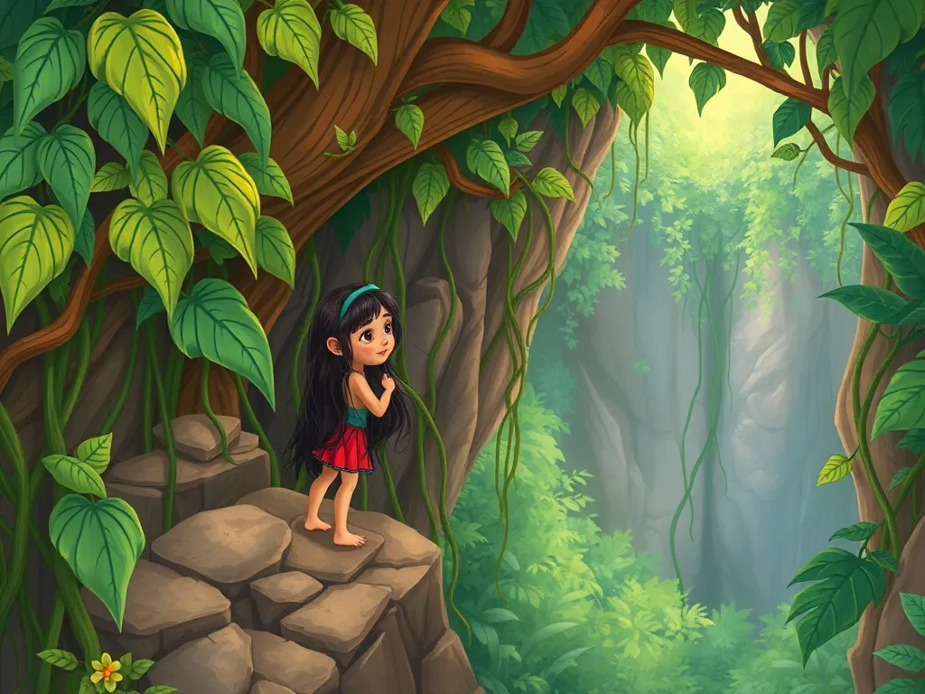 The Jungle's Hidden Truth - Maya at ravine edge examining thick jungle vines