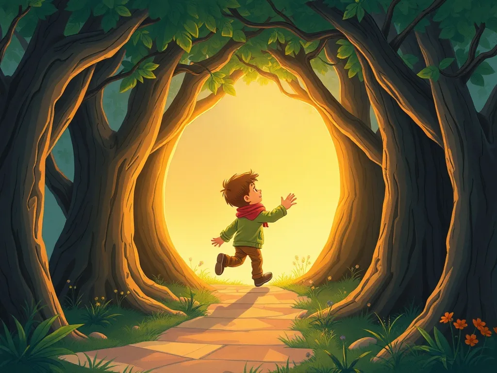 The Keeper of Park Magic - Oliver stepping through glowing archway of branches