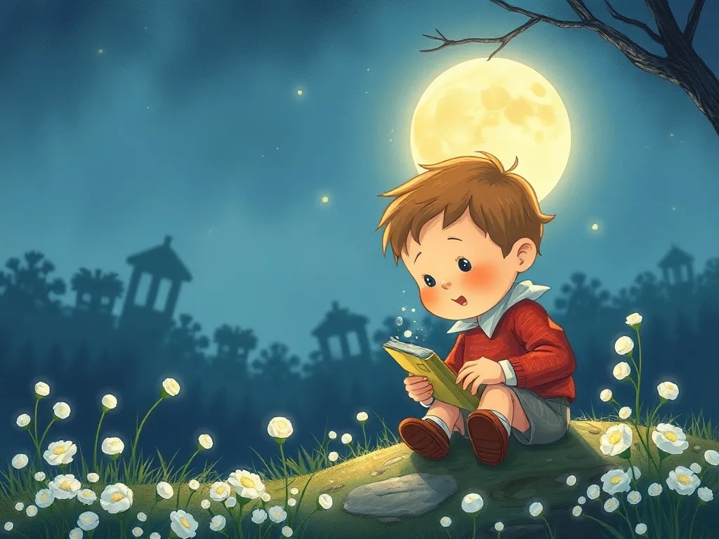 The Keeper of Park Magic - Oliver carefully collecting dewdrops in moonlight