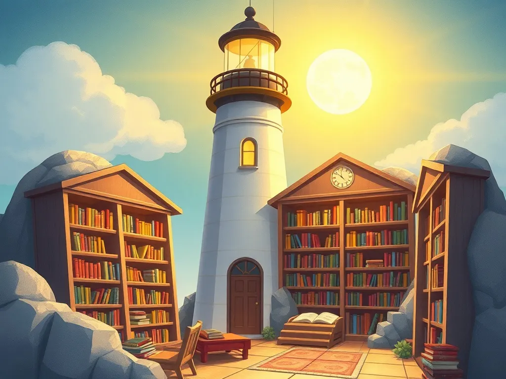 The Library Lighthouse Bunny - Sunlit lighthouse library with cozy reading nooks