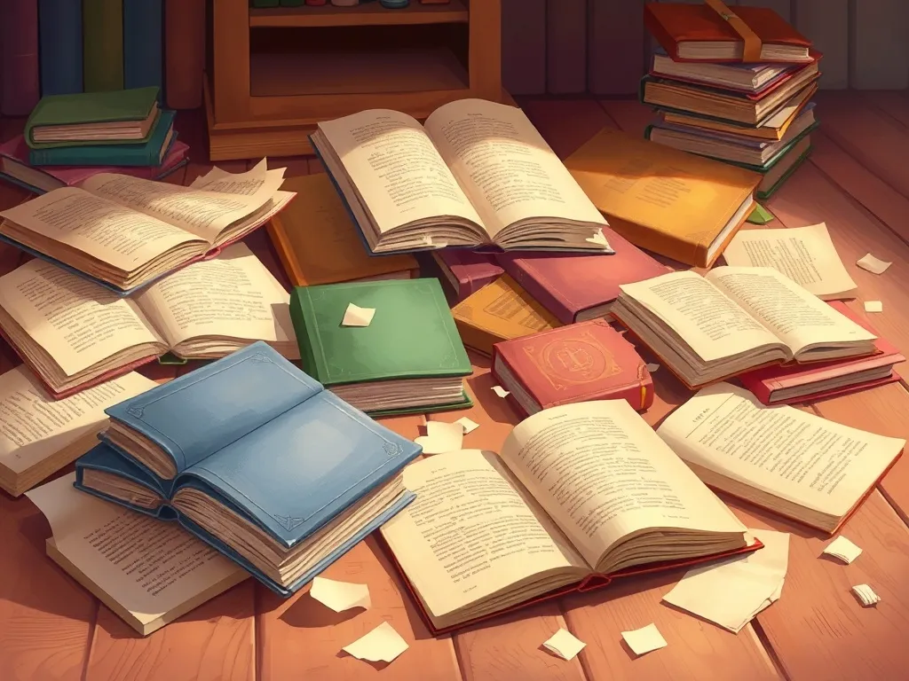 The Library Lighthouse Bunny - Scattered books with torn pages on floor