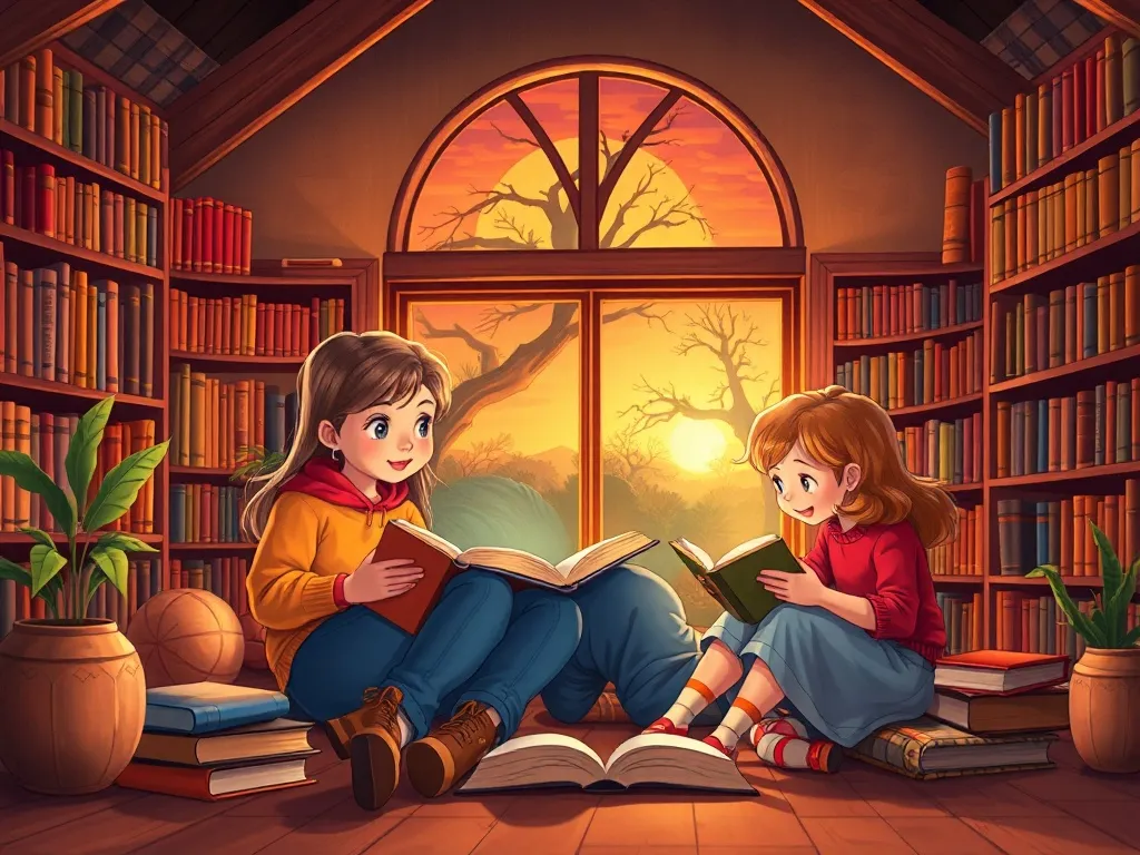 The Library Lighthouse Bunny - Group reading together in sunset-lit library
