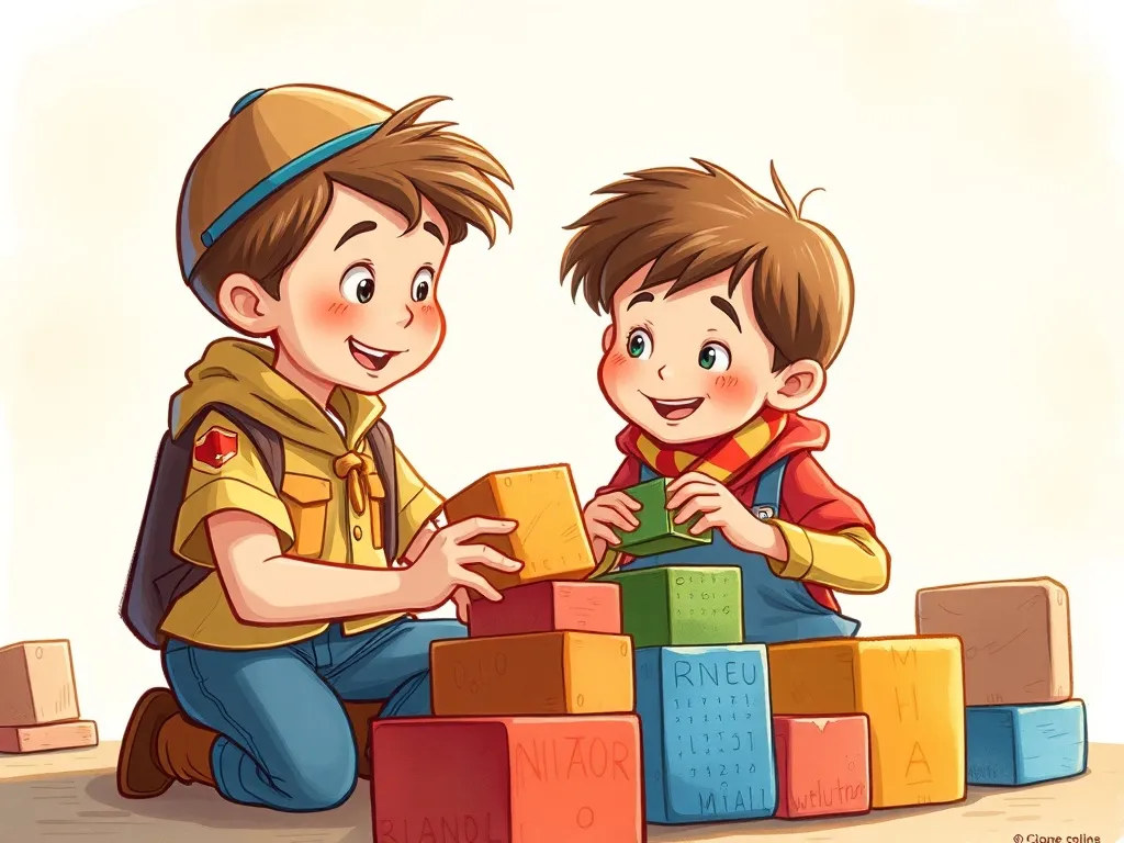 The Library Pup's Greatest Discovery - Scout and Milton examining blocks together
