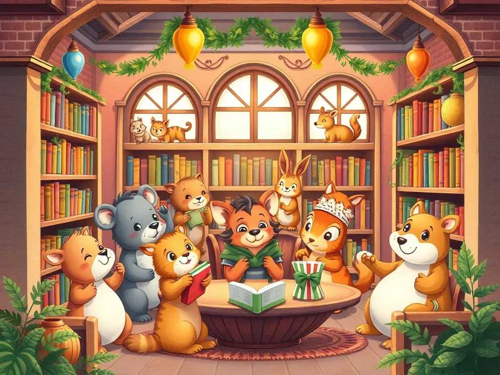 The Library Pup's Greatest Discovery - All animals celebrating in decorated library