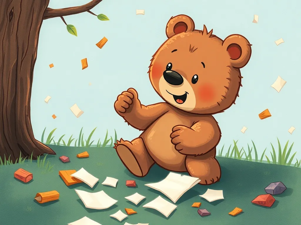 The Library's Hidden Treasures - Bear discovering trail of torn paper bits