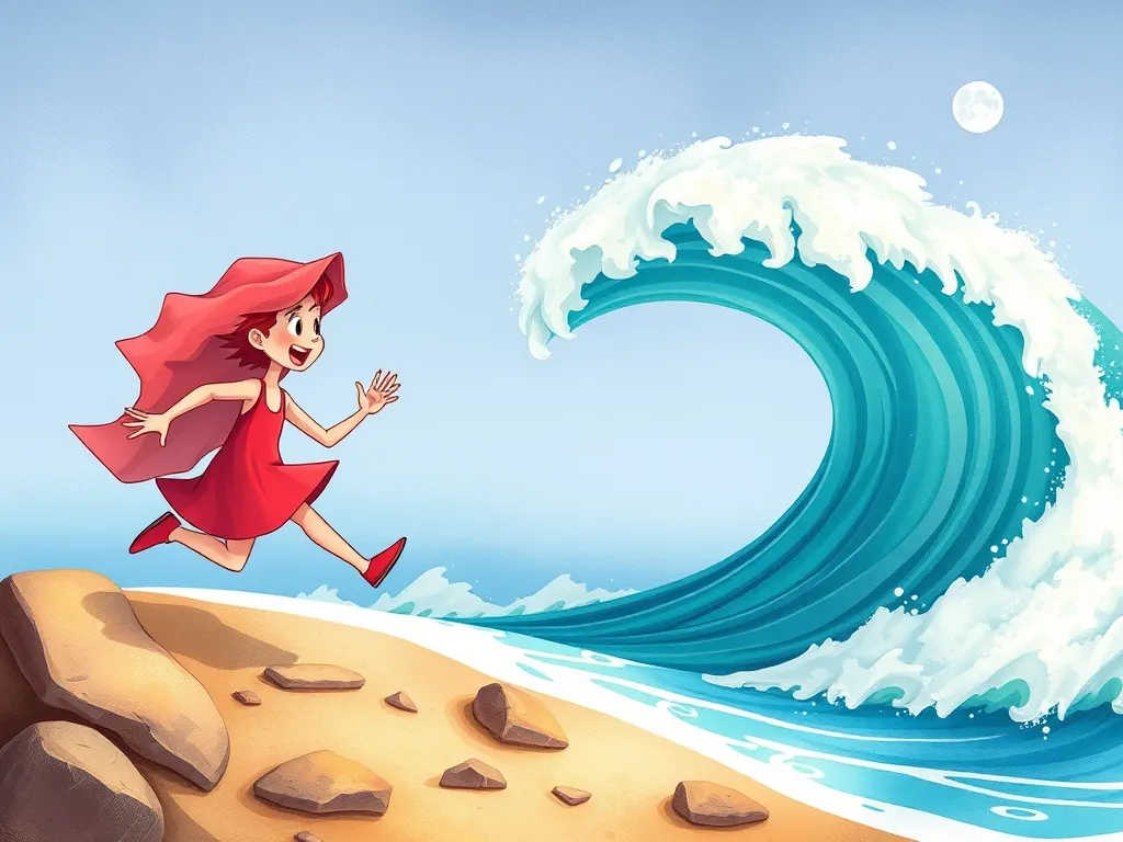 The Lighthouse Fox's Beach Adventure - Ruby jumping away from incoming wave