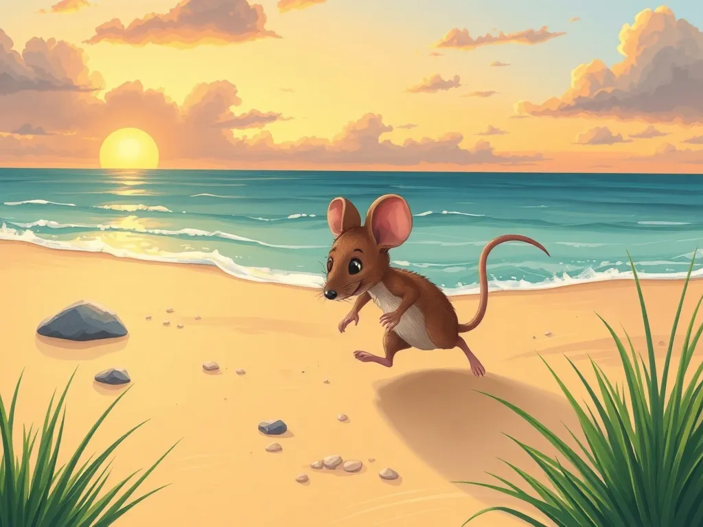 The Lighthouse Mouse's Beach Buddies - Mouse scampering across beach at sunrise