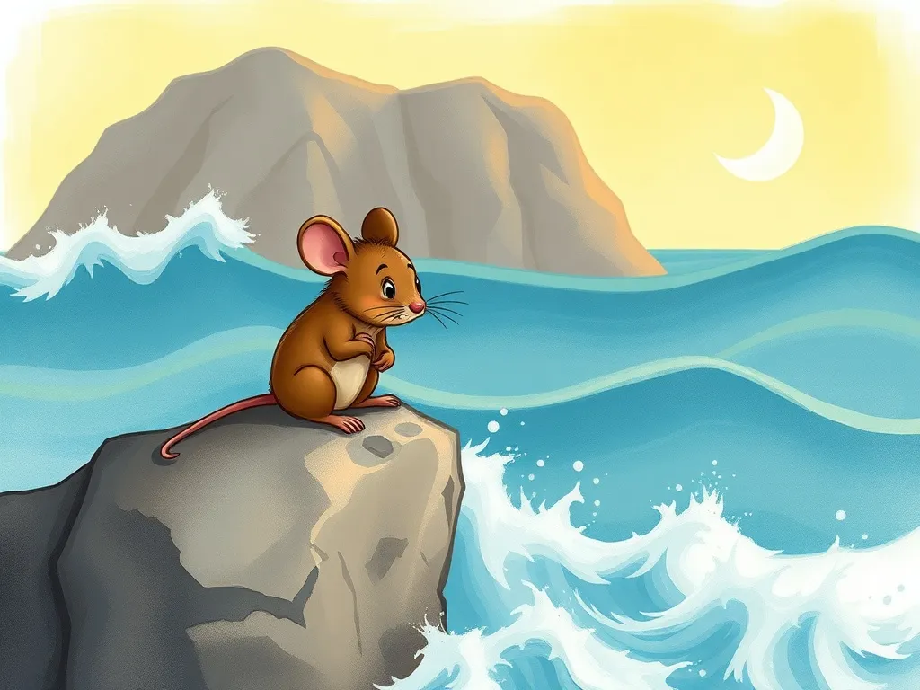 The Lighthouse Mouse's Beach Buddies - Dejected mouse sitting on rock by waves