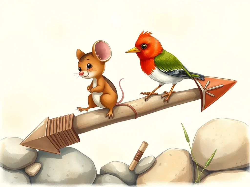 The Lighthouse Mouse&#x27;s Beach Buddies - Mouse and bird working together on pebble arrow