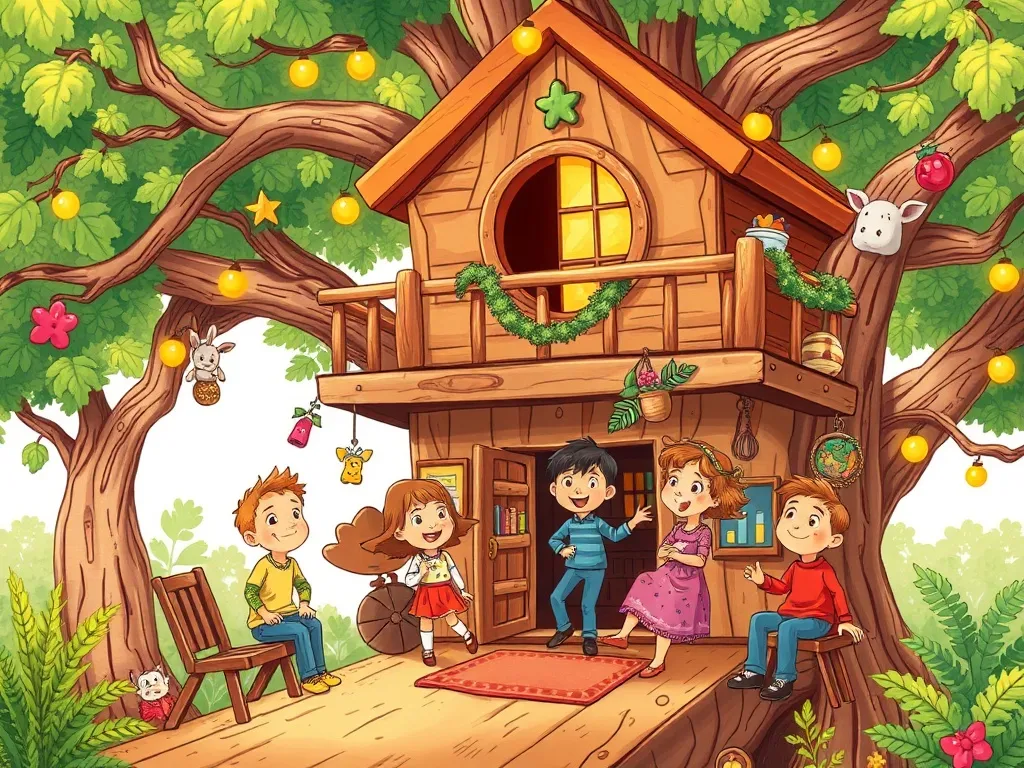 The Lighthouse Treehouse Club - All friends in decorated treehouse headquarters