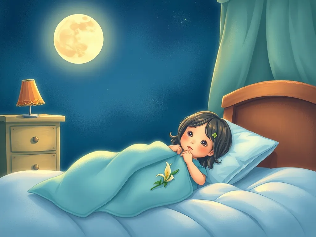 The Silver Locket on Lavender Lane - Lily lying awake in moonlit bedroom clutching her blanket